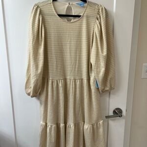 NWT DRAPER JAMES RSVP GOLD PUFF SLEEVE TIER DRESS SZ L